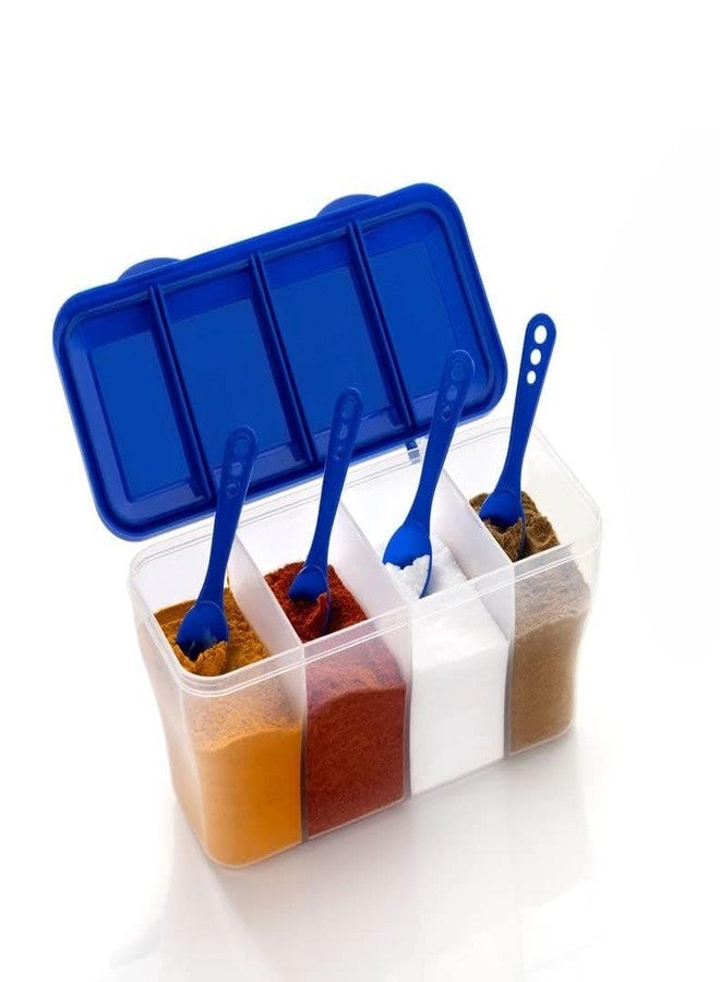 HAPPI Multipurpose Plastic 4 In 1 Masala Box for Kitchen, Spice Boxes for Kitchen, Transparent 4 Compartment Storage Containers Airtight Grocery,Dry Fruits Box 1800 Ml with 4 Spoons(Blue) - Image 2